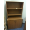 Medium Oak 2 Door Storage Cabinet w Overhead Book Shelf